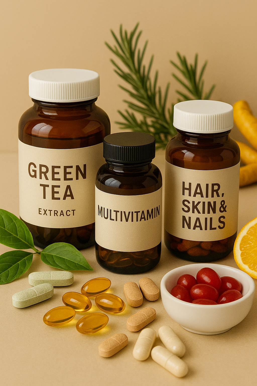 Assortment of vitamins, supplements and beauty products